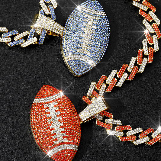 NORVIA Iced Rugby Ball Pendant & 18" Rainbow Cuban Chain Set - Premium Iced Jewelry View 2