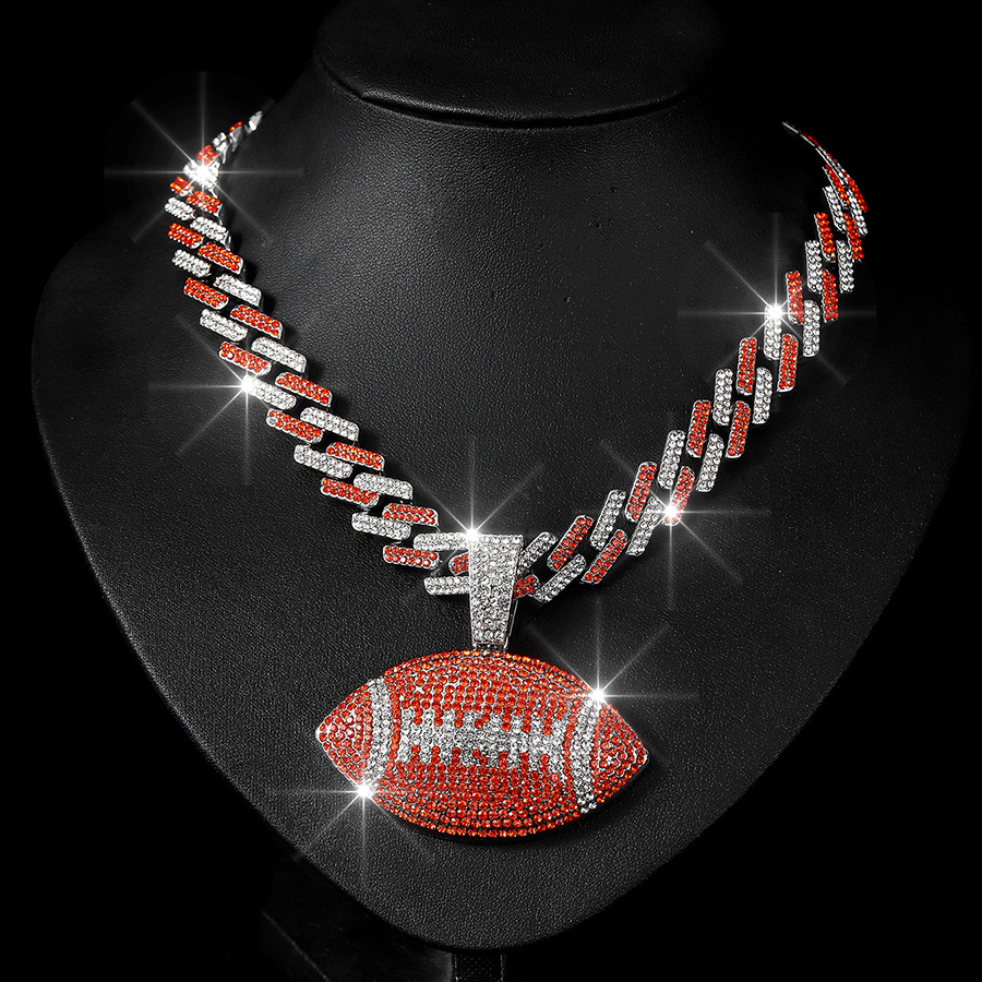 NORVIA Iced Rugby Ball Pendant & 18" Rainbow Cuban Chain Set