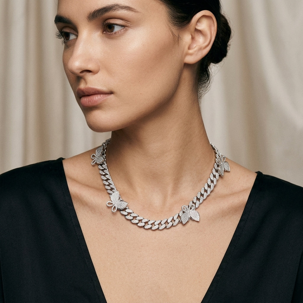 NORVIA Sparkling Pavé Butterfly Cuban Choker Necklace