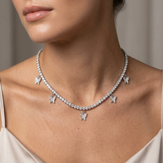 NORVIA Pavé CZ Butterfly Solitaire Tennis Necklace - Angle 1