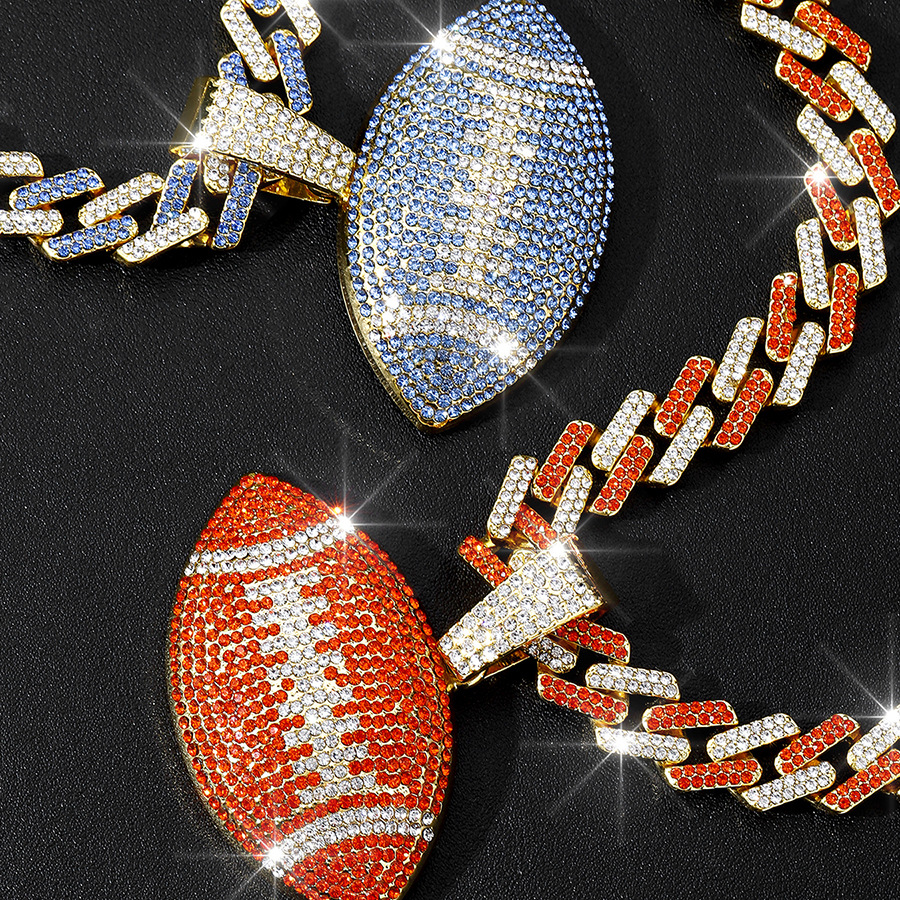 NORVIA Iced Rugby Ball Pendant & 18" Rainbow Cuban Chain Set - Premium Iced Jewelry View 2