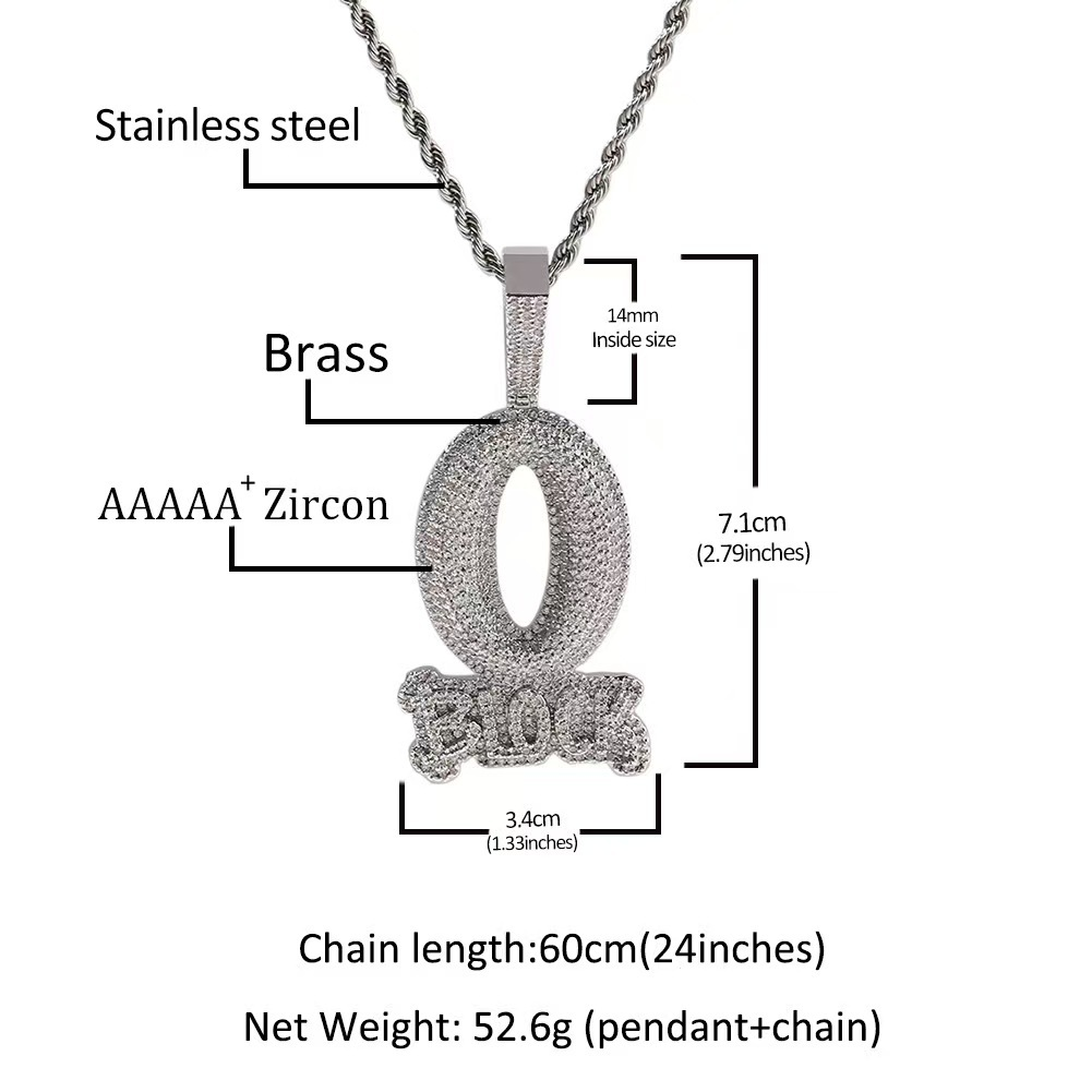 NORVIA Iced O-BLOCK CZ Letter Medallion & 24" Rope Chain Set - Premium Iced Jewelry View 3