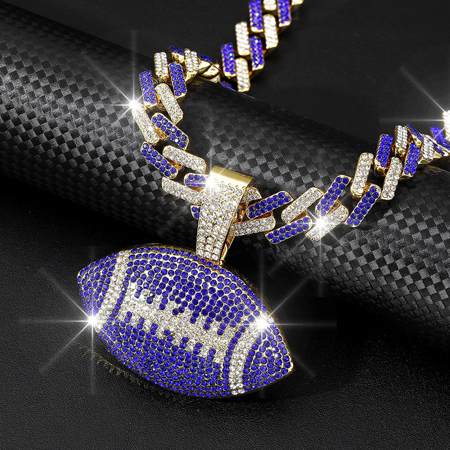 NORVIA Iced Rugby Ball Pendant & 18" Rainbow Cuban Chain Set - Premium Iced Jewelry View 4