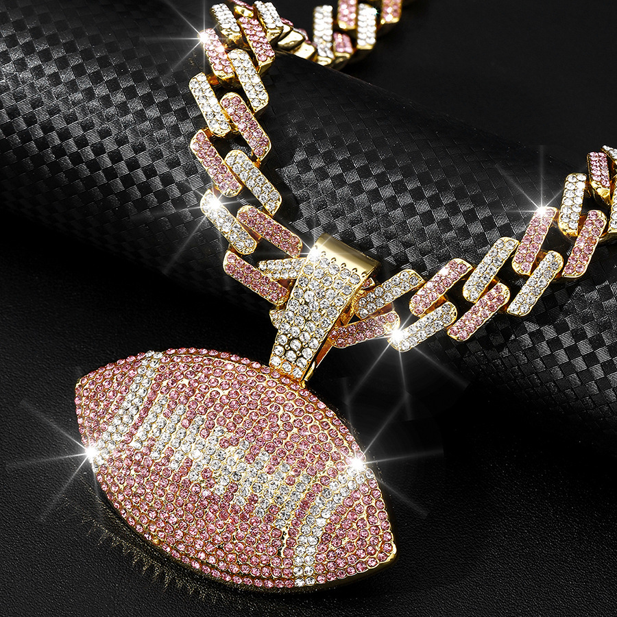 NORVIA Iced Rugby Ball Pendant & 18" Rainbow Cuban Chain Set