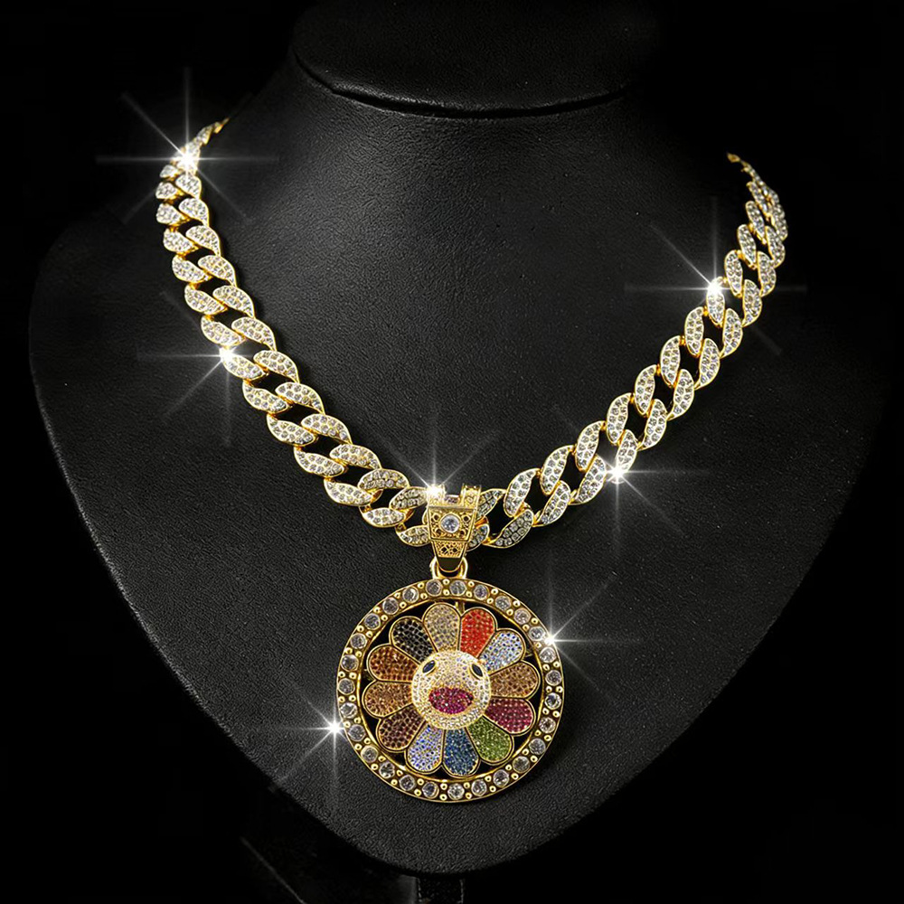 NORVIA Spinning Kinetic Rainbow Sunflower Pendant & 18" Chain Set - Premium Iced Jewelry View 1