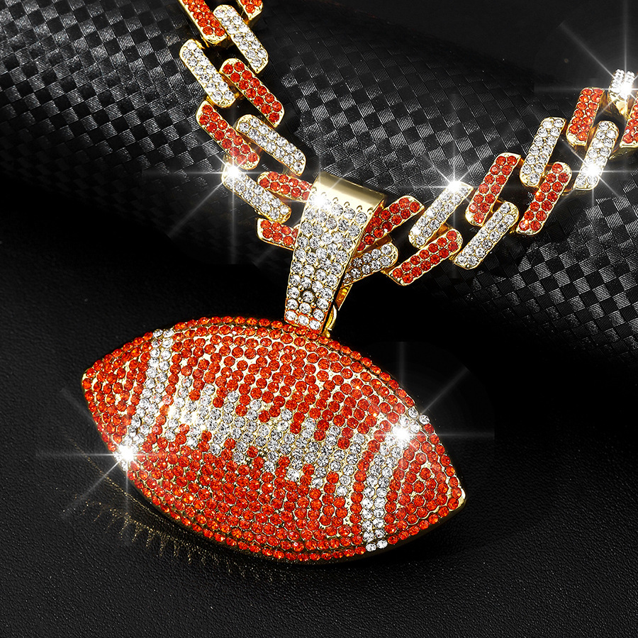 NORVIA Iced Rugby Ball Pendant & 18" Rainbow Cuban Chain Set