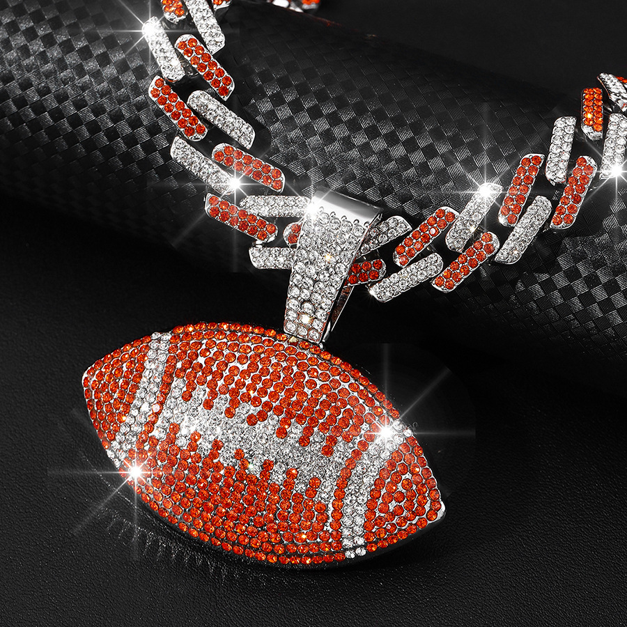 NORVIA Iced Rugby Ball Pendant & 18" Rainbow Cuban Chain Set