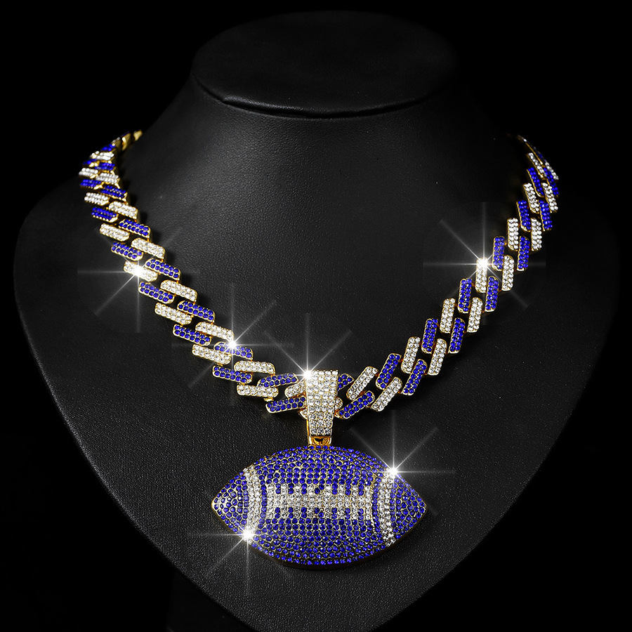 NORVIA Iced Rugby Ball Pendant & 18" Rainbow Cuban Chain Set