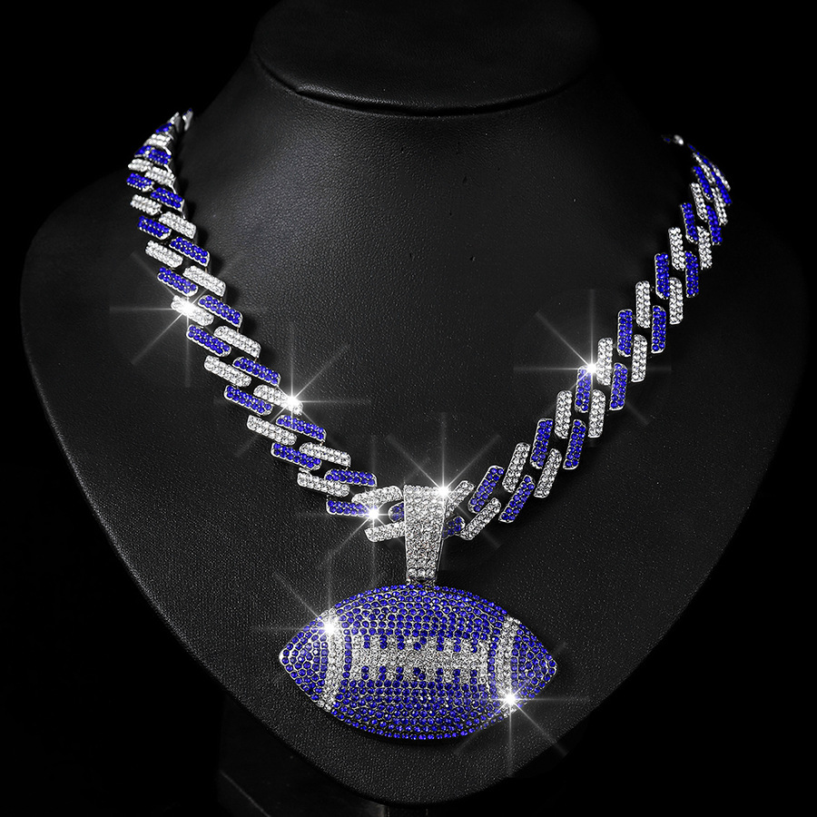 NORVIA Iced Rugby Ball Pendant & 18" Rainbow Cuban Chain Set