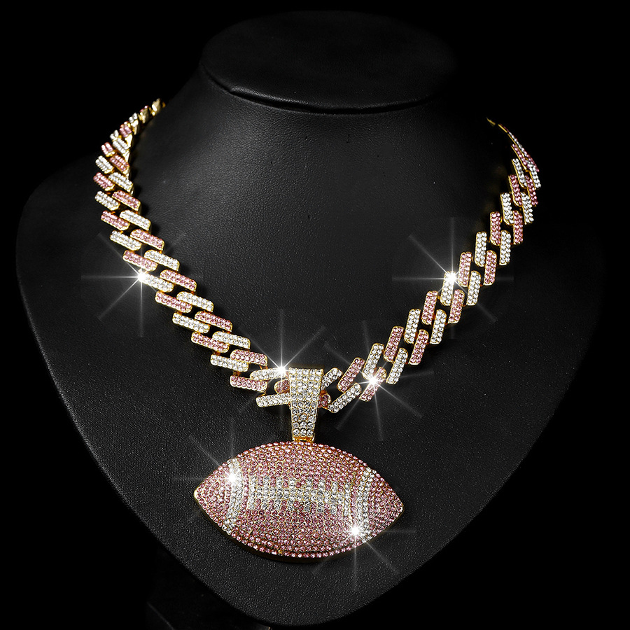 NORVIA Iced Rugby Ball Pendant & 18" Rainbow Cuban Chain Set