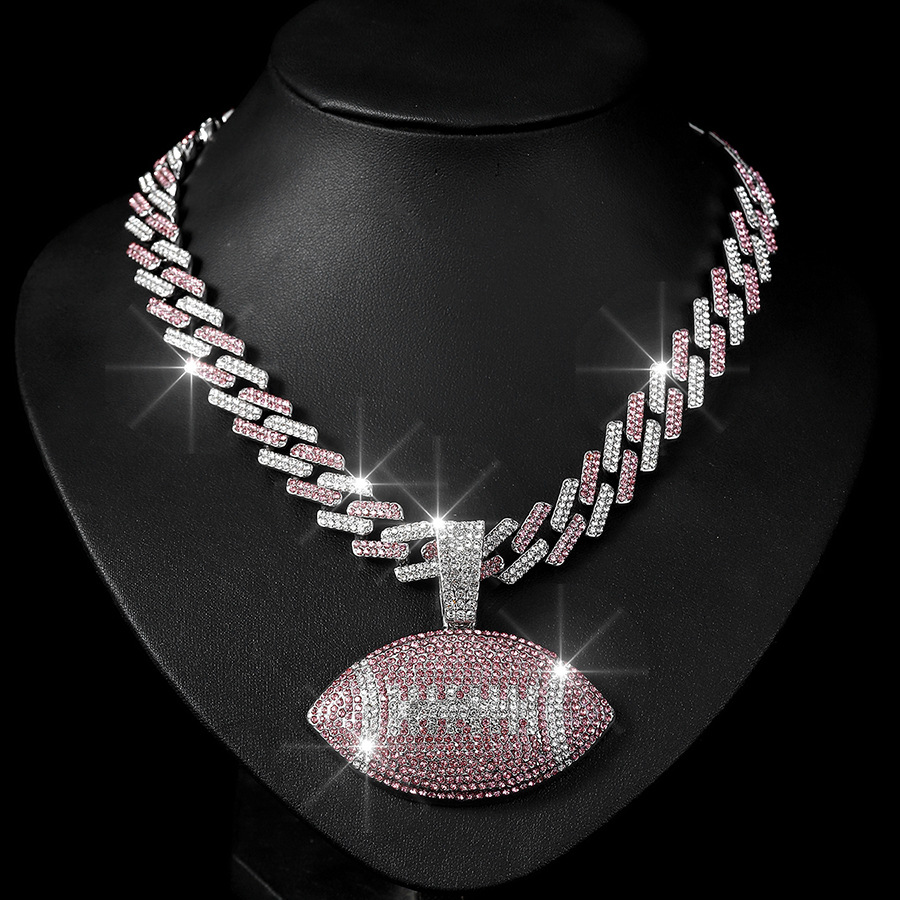 NORVIA Iced Rugby Ball Pendant & 18" Rainbow Cuban Chain Set