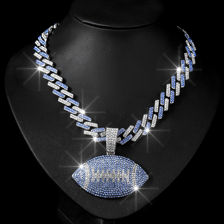 NORVIA Iced Rugby Ball Pendant & 18" Rainbow Cuban Chain Set