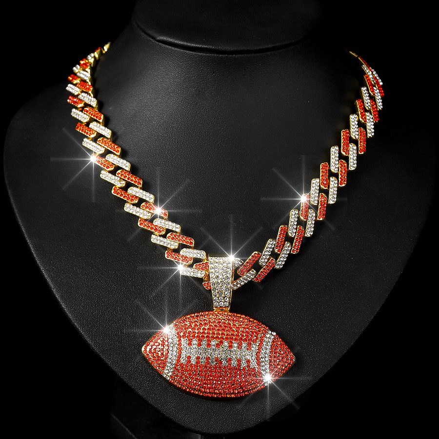 NORVIA Iced Rugby Ball Pendant & 18" Rainbow Cuban Chain Set