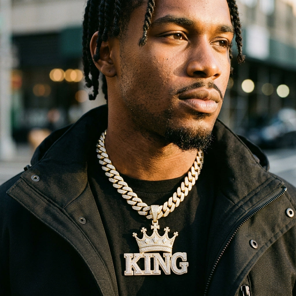 NORVIA Crown KING Iced-Out Statement Pendant - Luxury On-Body Wearing