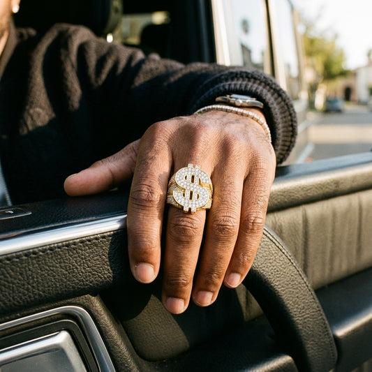 NORVIA Iced Dollar Sign Statement Ring - Luxury On-Body Hand Wearing