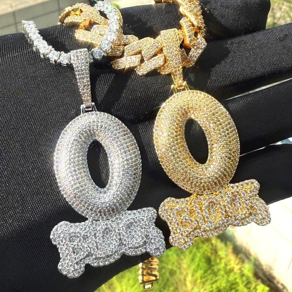 NORVIA Iced O-BLOCK CZ Letter Medallion Pendant - On-Body Wearing Look