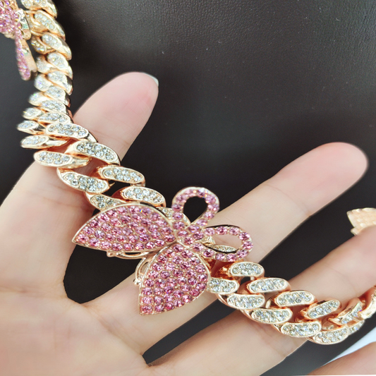 NORVIA pink butterfly Cuban chain jewelry worn