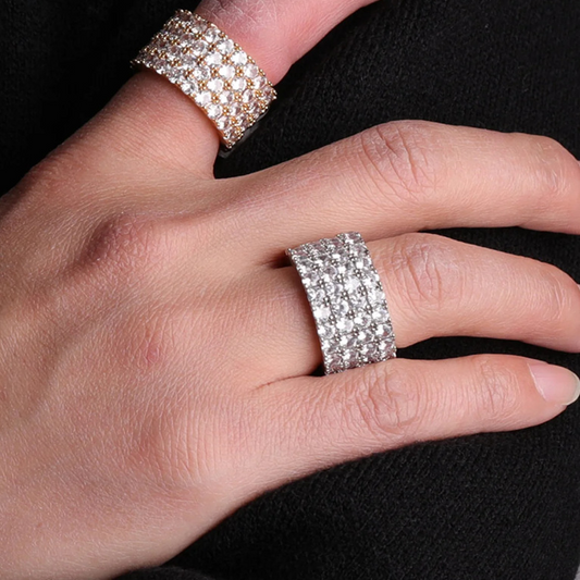 NORVIA 4-Row Iced Micro-Pavé CZ Band Ring - On-Body Wearing Look