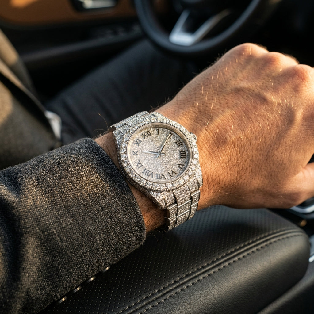 NORVIA Roman Dial Luxury Iced Quartz Timepiece - Luxury On-Body Wrist Wearing