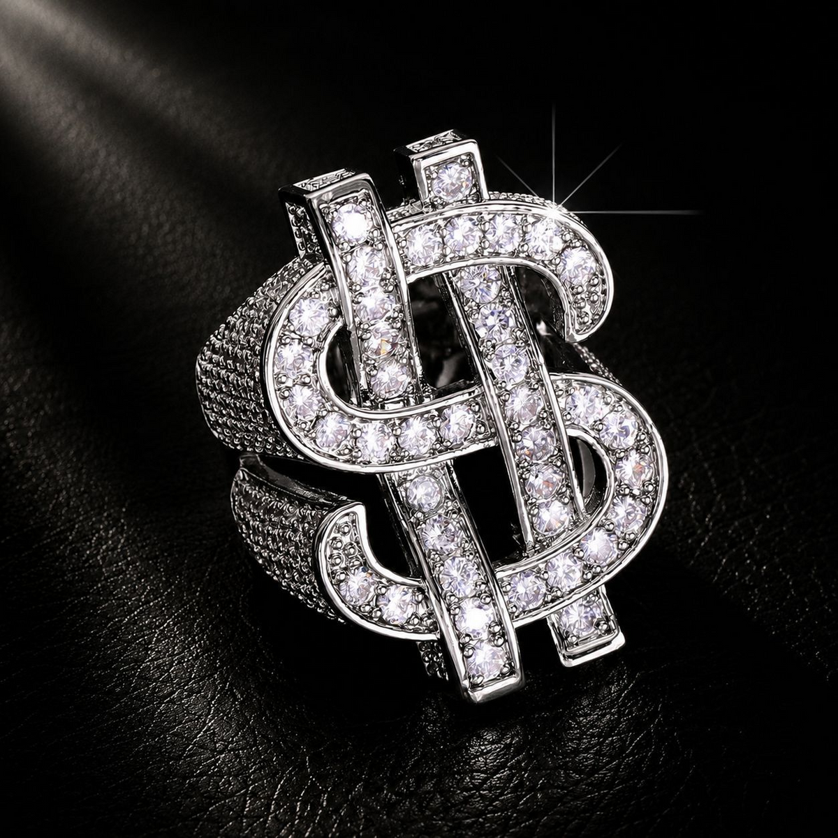 NORVIA Iced Dollar Sign Statement Ring - Angle 3