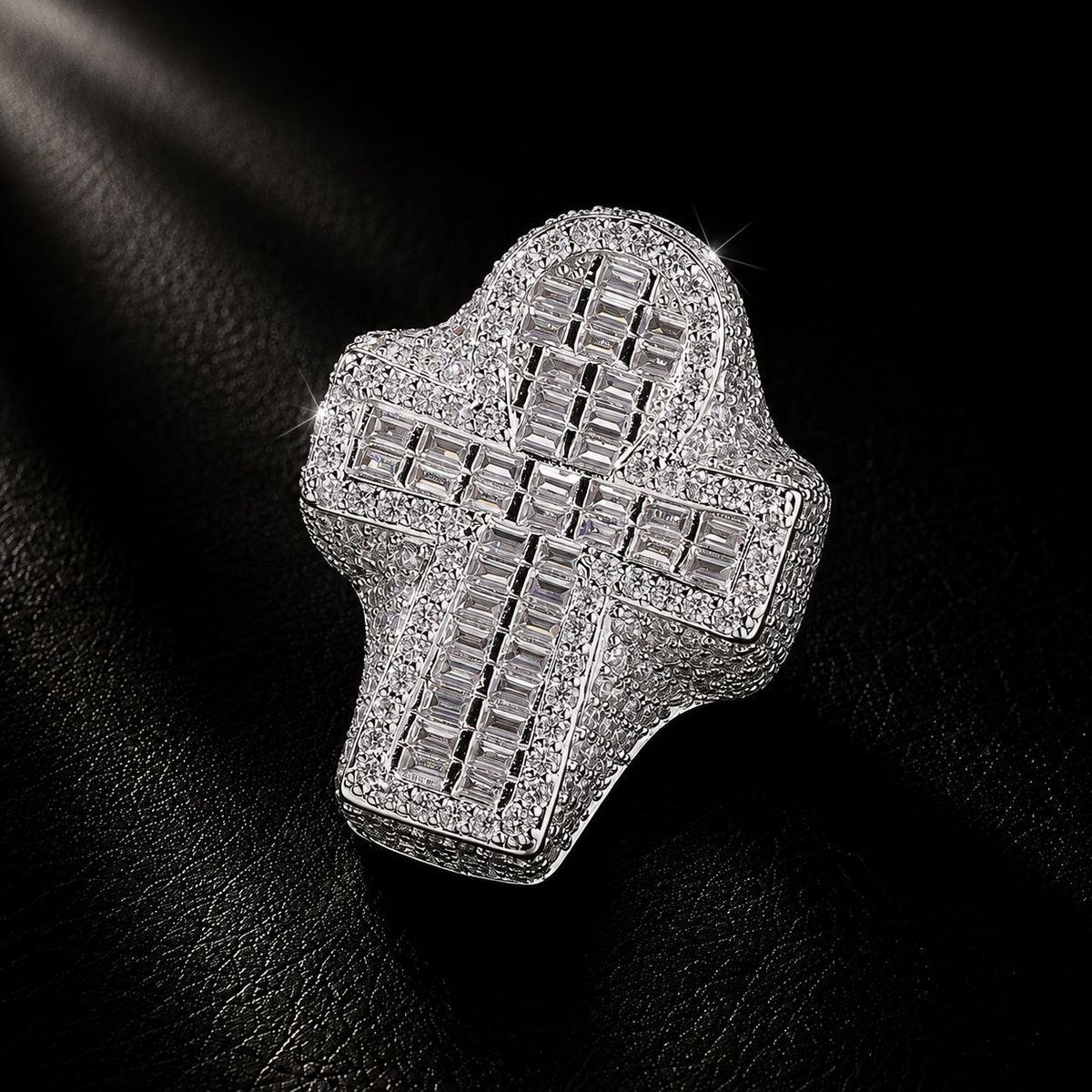NORVIA Baguette Iced Cross Statement Ring - Angle 3