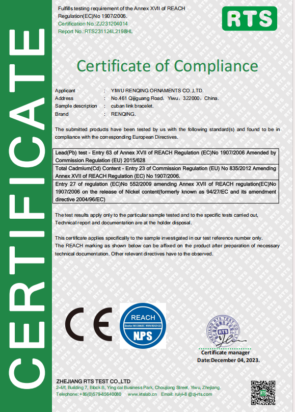 Official Certificate of Compliance - RTS Testing